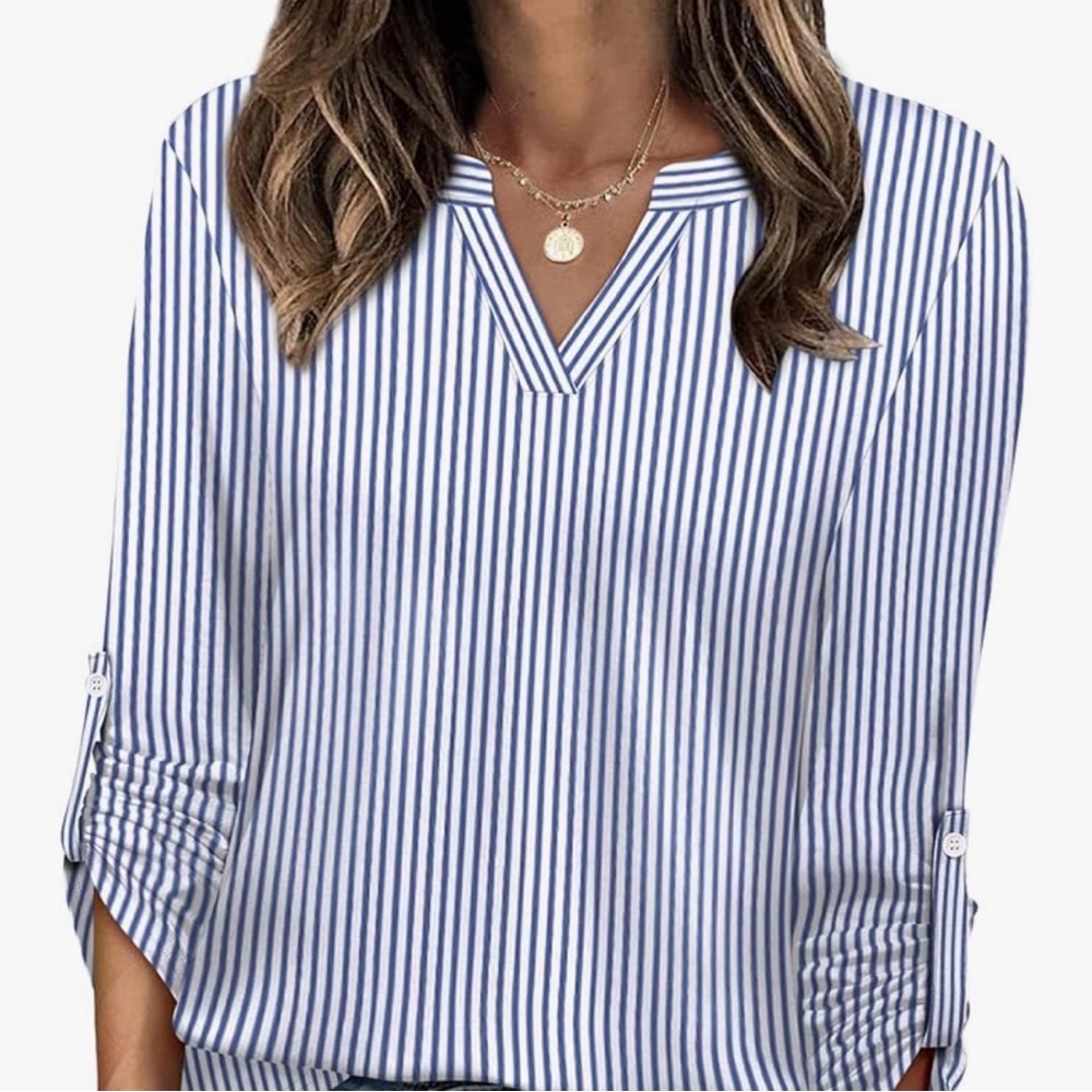 Blue and White Striped V-Neck Women's Top soft preppy boutique shirt